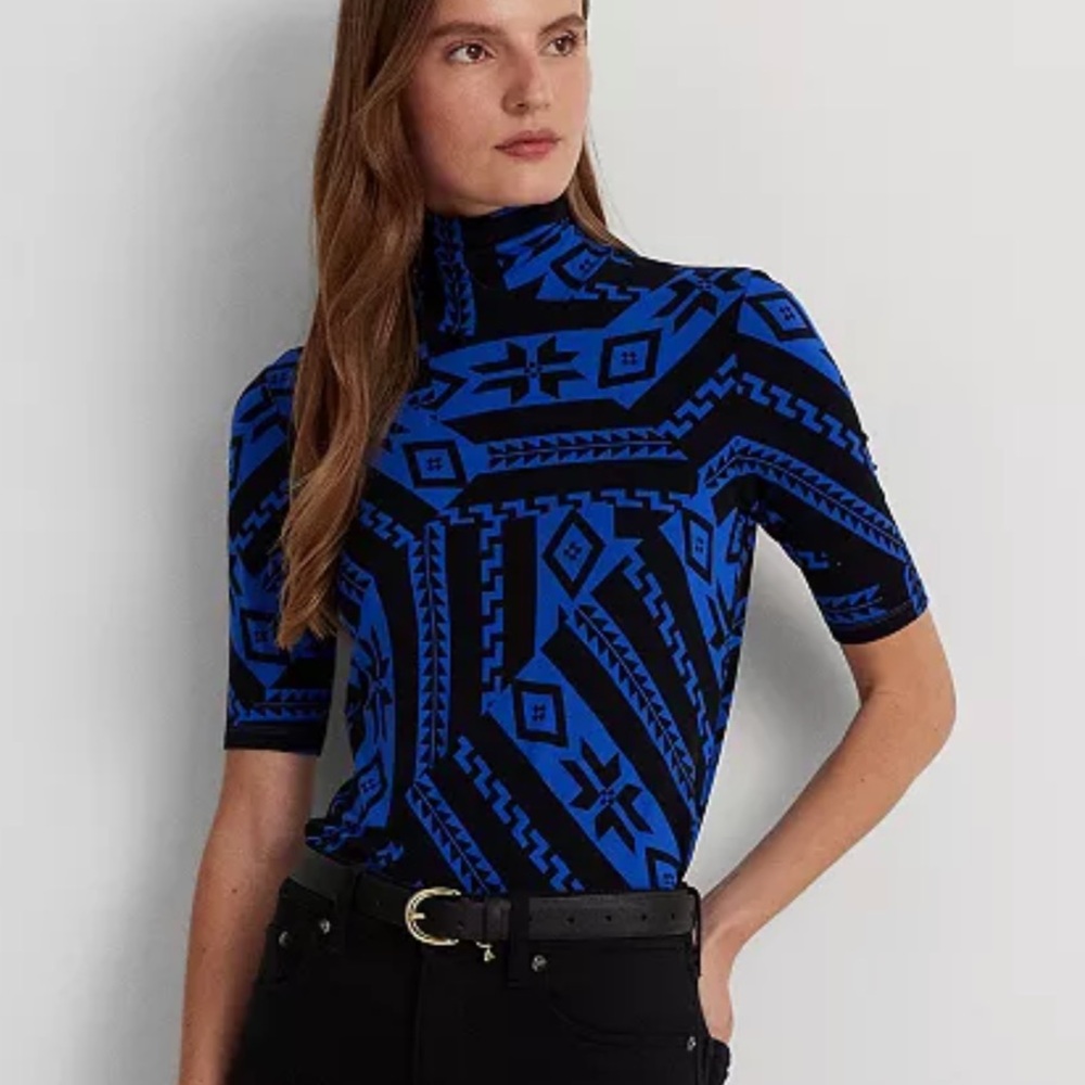Lauren Ralph Lauren Fair Isle Stretch Jersey Blue & Black Pattern Turtleneck Top